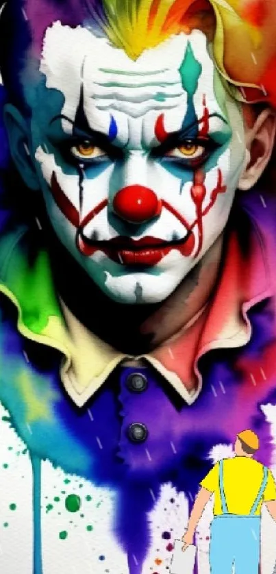 Colorful clown visage with paint splatters on mobile wallpaper.