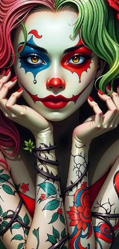 Colorful artistic clown with vibrant patterns.