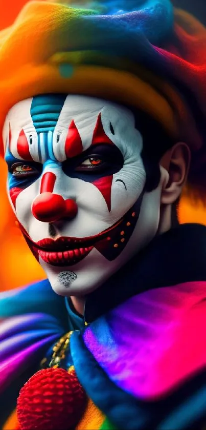 Vibrant clown face with colorful attire and artistic background.