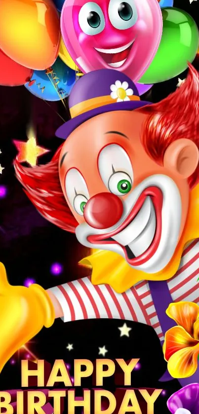 Cheerful clown with balloons birthday wallpaper.