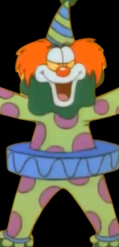 Cartoon clown in colorful outfit on black background.