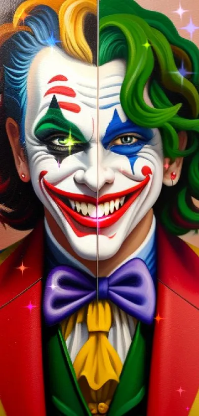 Colorful clown character art with split face, vibrant and striking design.