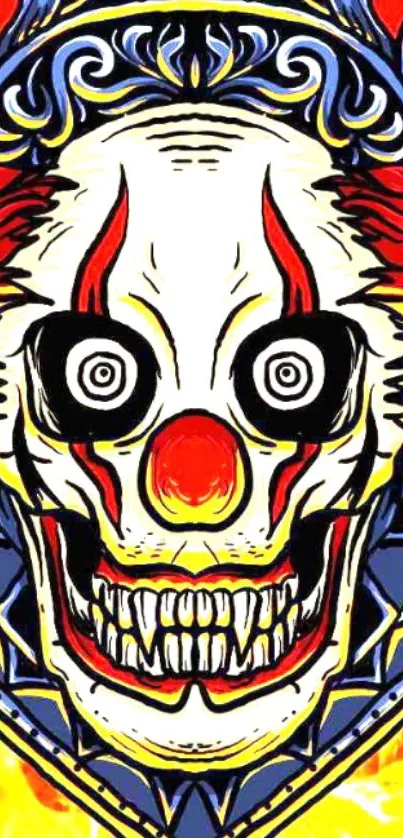 Vibrant clown face design with bold colors.