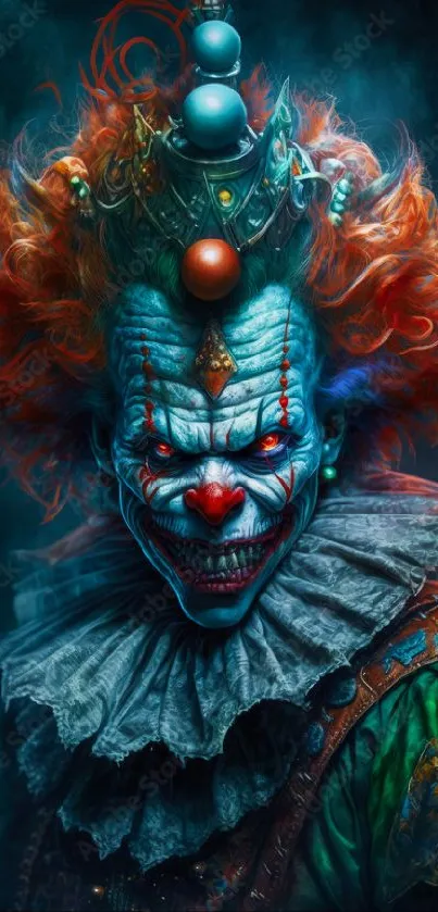 Vibrant and eerie clown fantasy art with colorful design and surreal elements.
