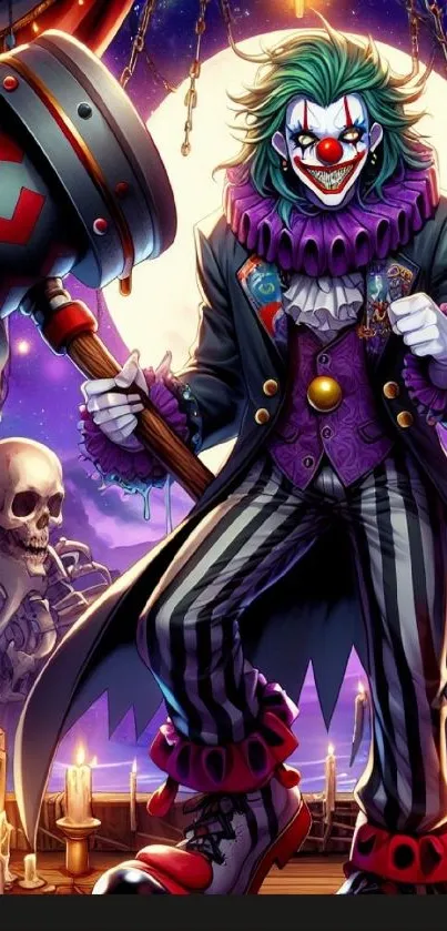 Colorful clown with spooky backdrop, featuring skulls and a vibrant purple theme.