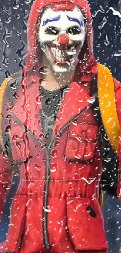 Clown in red jacket under rain with vibrant colors.