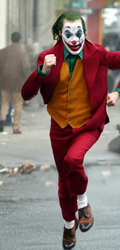 Vibrant clown in a red suit running on a street.