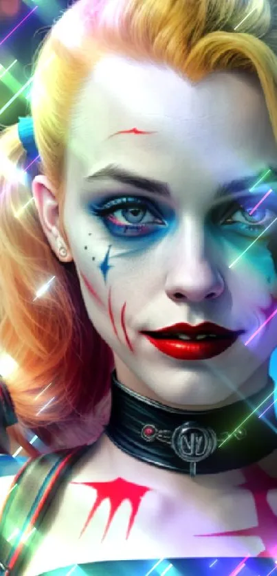 A vibrant clown-inspired character with colorful hair and dramatic makeup on a mobile wallpaper.