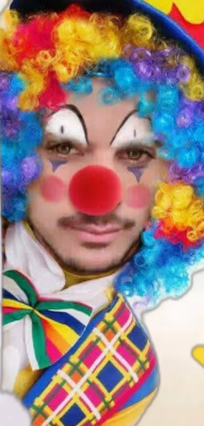 Bright clown phone wallpaper with colorful wig and makeup.