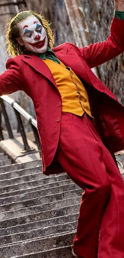 Clown in red suit poses dynamically on urban stairs.