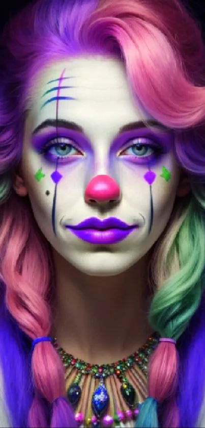 Vibrant clown portrait with colorful makeup and intricate braids.