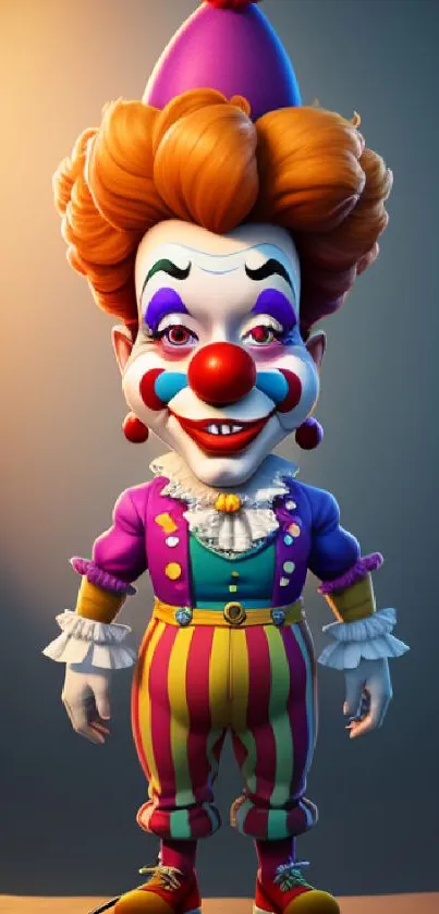 Colorful, vibrant clown standing in a spotlight.