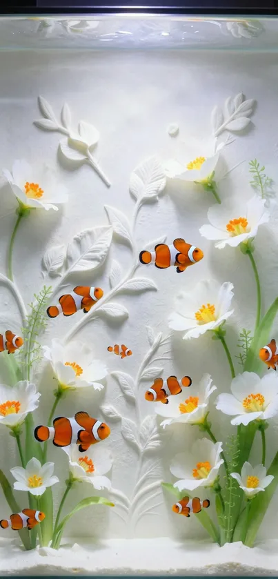 Clownfish swimming among white flowers in an artistic wallpaper design.
