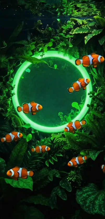 Clownfish swim around a neon green circle in lush aquatic plants.