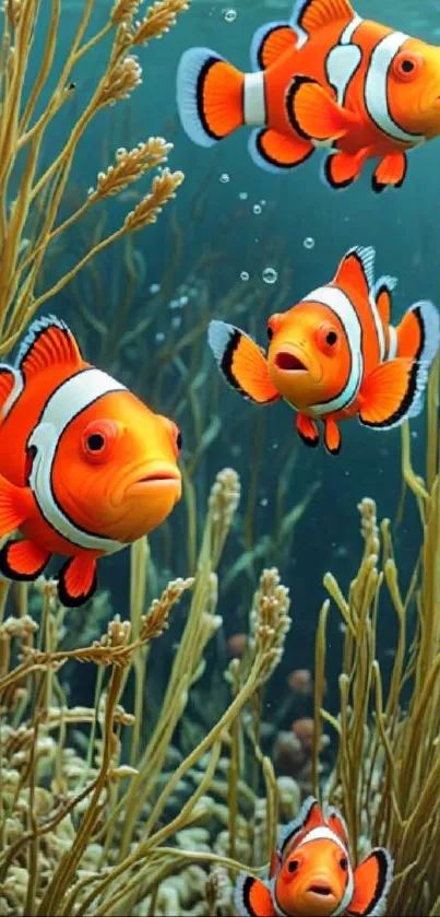 Four vibrant clownfish swim among coral branches.