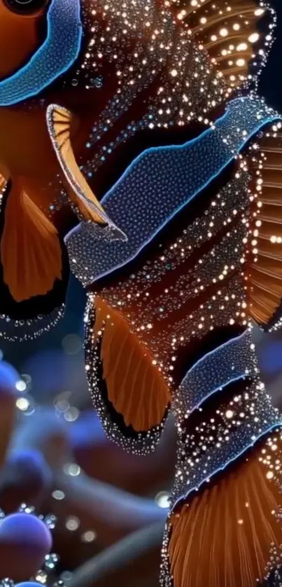 Illustration of a vibrant clownfish with sparkling details in digital art style.