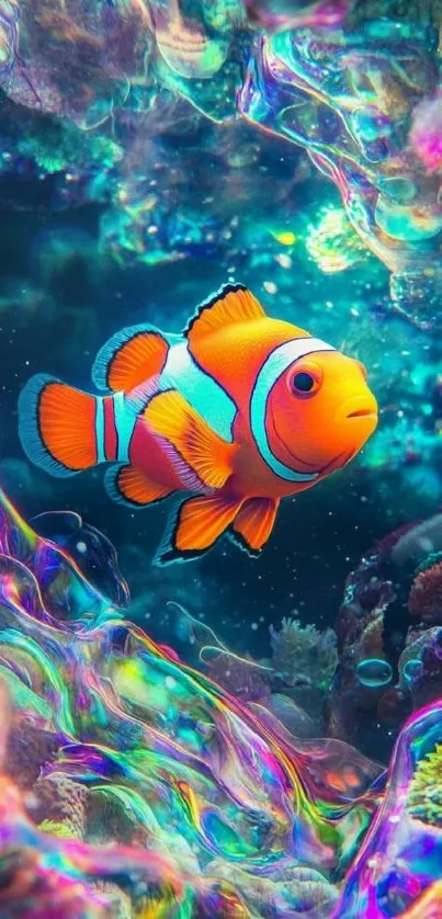 A vibrant clownfish in a colorful underwater scene with corals.