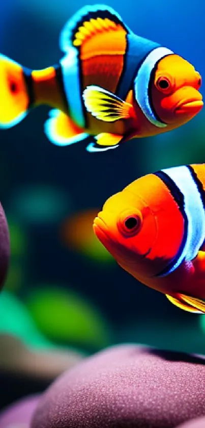 Vibrant clownfish swimming among coral in an underwater scene.