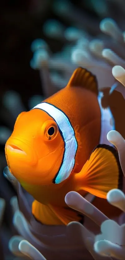 Clownfish nestled in vibrant sea anemone underwater.