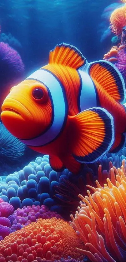 A vibrant clownfish swimming among colorful corals underwater.