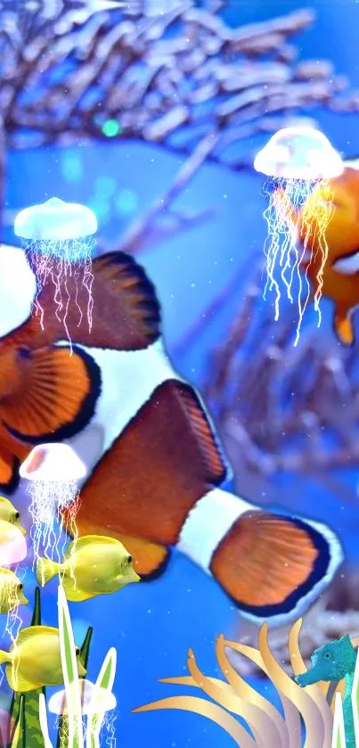 Vibrant underwater wallpaper with clownfish and jellyfish.