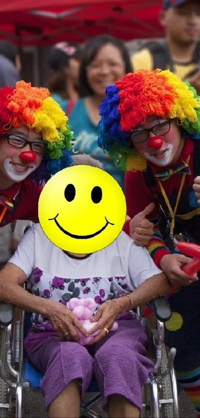 Colorful clowns at a lively festival with a joyful crowd.