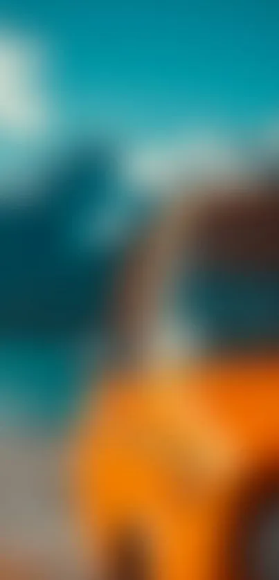 Orange van on a vibrant coastal scene with blue sea.