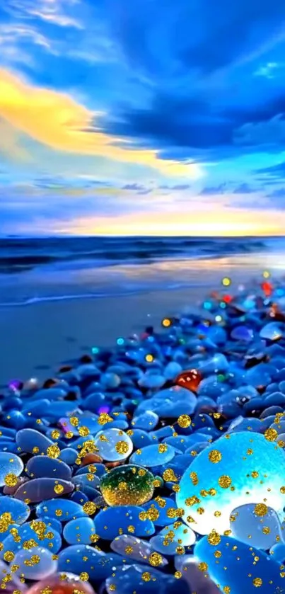 Vibrant beach with colorful beads and serene ocean under blue sky.