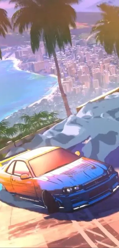 Vibrant anime-style car by the coast with palm trees.