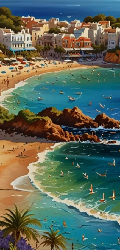 Animated coastal city with beach and sea in vibrant colors.
