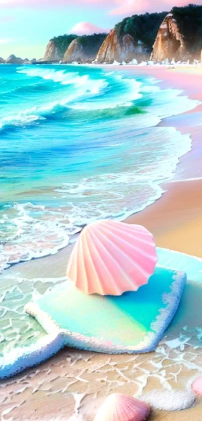 Colorful seaside with seashells and pastel waves.