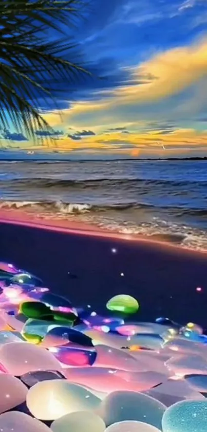 Vibrant beach with glowing stones at sunset.