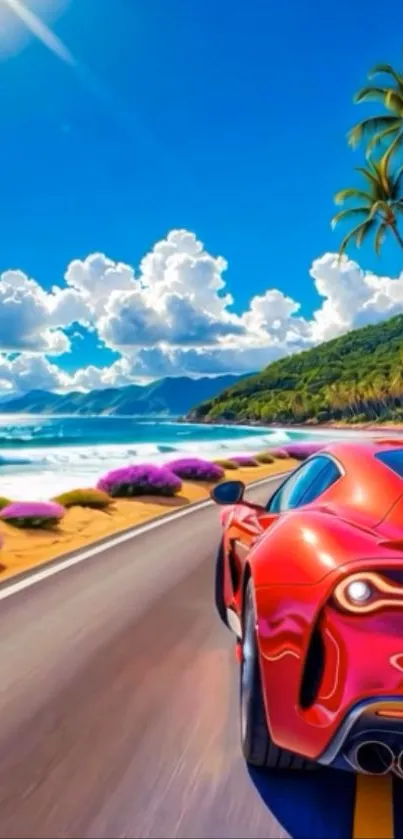 Red sports car on a scenic coastal drive with ocean and palm trees.