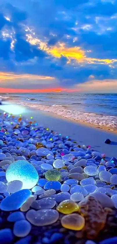 Vibrant coastal beach at sunset with colorful pebbles and a serene ocean view.