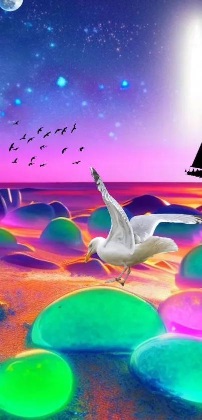 Surreal coastal scene with pebbles and seagull under a vibrant galaxy sky with pink tones.