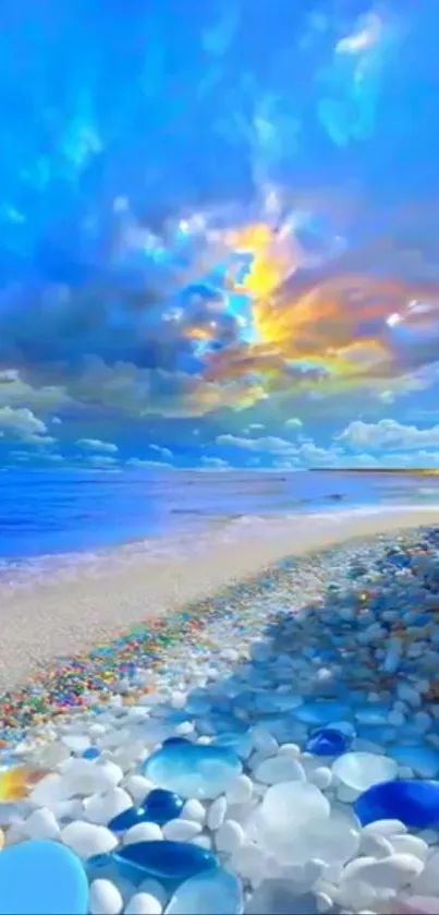 Vibrant coastal fantasy with blue skies and shimmering pebbles.