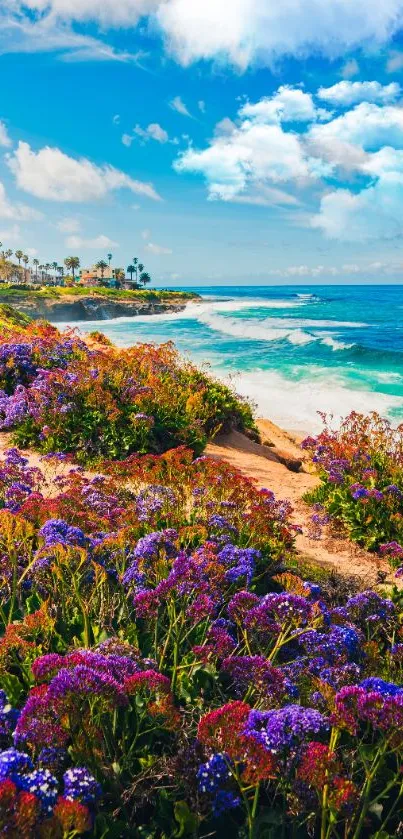 Vibrant coastline with colorful flowers and blue ocean under a bright sky.