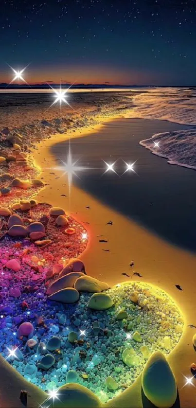 Colorful nighttime beach with glowing stones and waves.