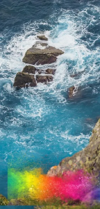 Stunning coastal view with blue ocean waves and colorful hues between cliffs.