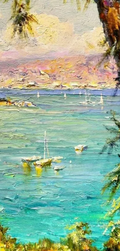 Vibrant coastal painting with boats on turquoise waters.