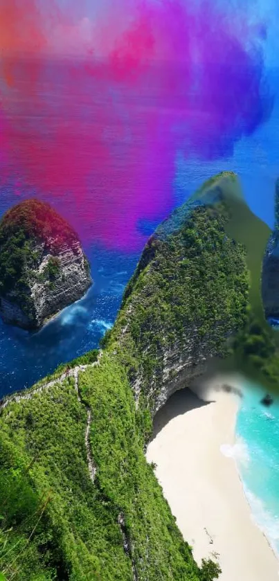 Emerald cliffs and vibrant sky over turquoise sea and sandy beach.