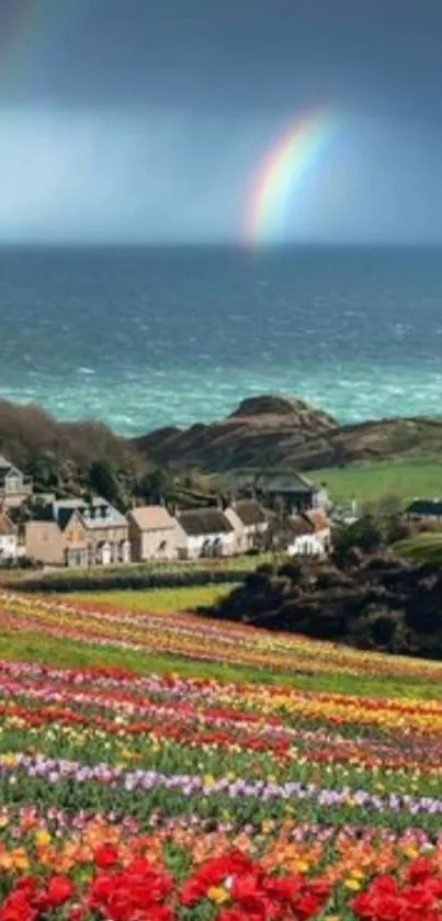 Colorful coastal scene with rainbow over floral fields and ocean.