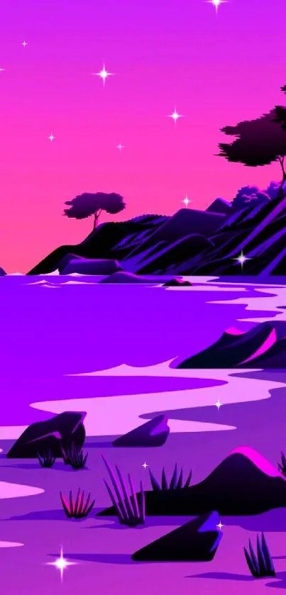 Artistic mobile wallpaper of a vibrant purple coastal sunset.
