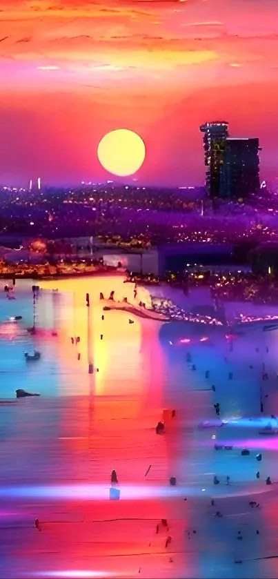 Vibrant sunset reflecting on coastal cityscape with colorful hues.