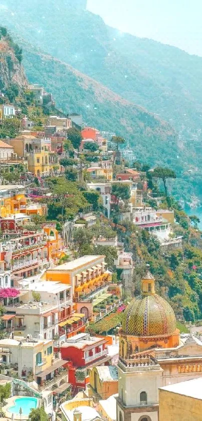 Colorful Mediterranean coastal town by the sea with vibrant buildings and scenic cliffs.