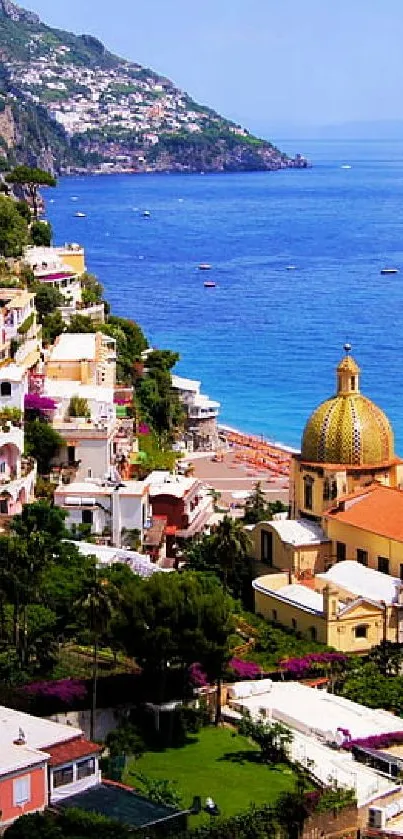 Wallpaper of colorful Positano town by the serene blue Mediterranean Sea.