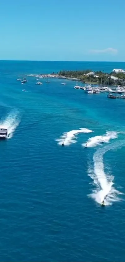 Engaging coastal scene with boats and jet skis on the vivid blue ocean.