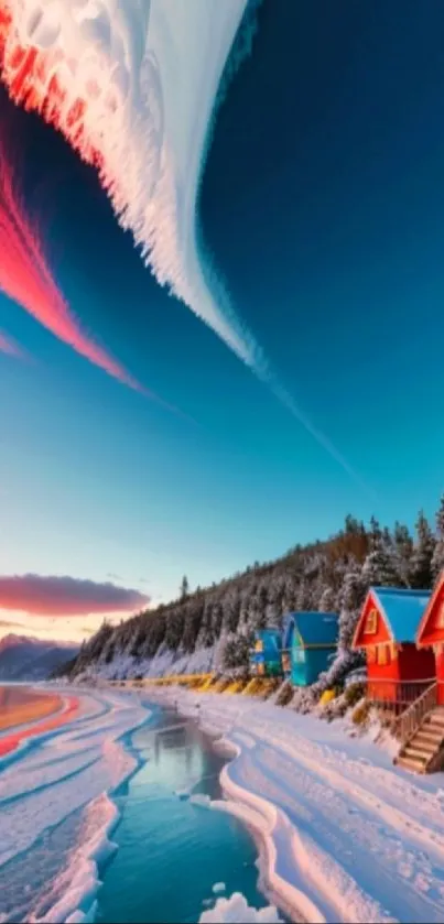 Colorful cabins by a snowy beach under a dramatic sunset sky.