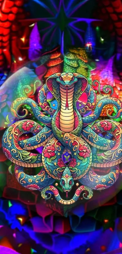Colorful cobra mandala with psychedelic art design.