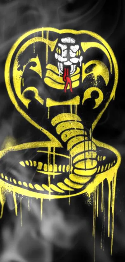 Vibrant yellow cobra design on a dark, smoky background wallpaper.